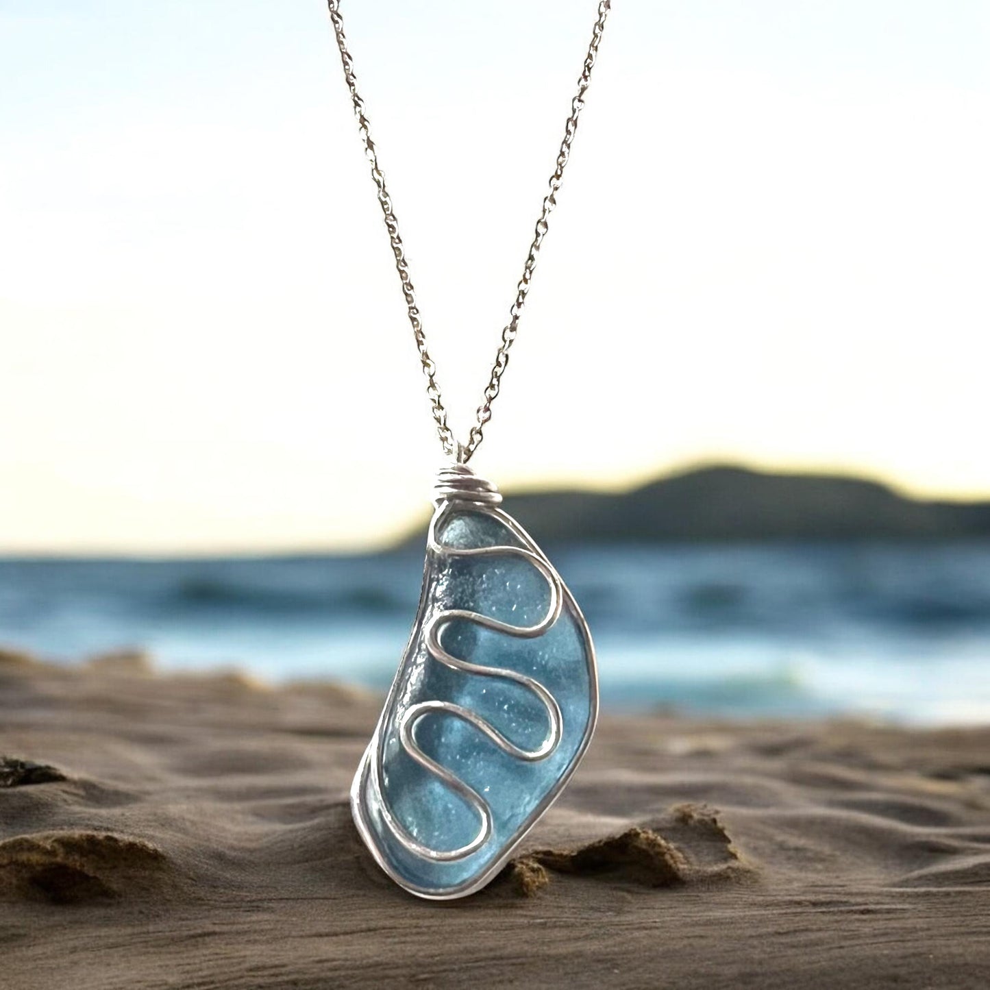 Large Dusky Blue Seaham Sea Glass Waves Glass Pendant