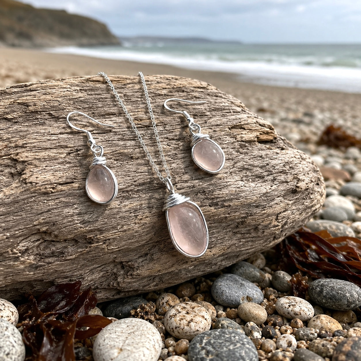 Pale Peach Pink Seaham Sea Glass Jewellery Set