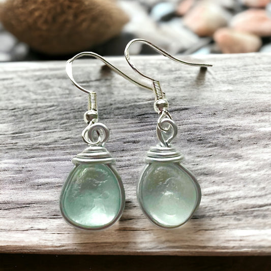 Aqua Sea Foam Seaham Sea Glass Earrings On Sterling Silver Hooks