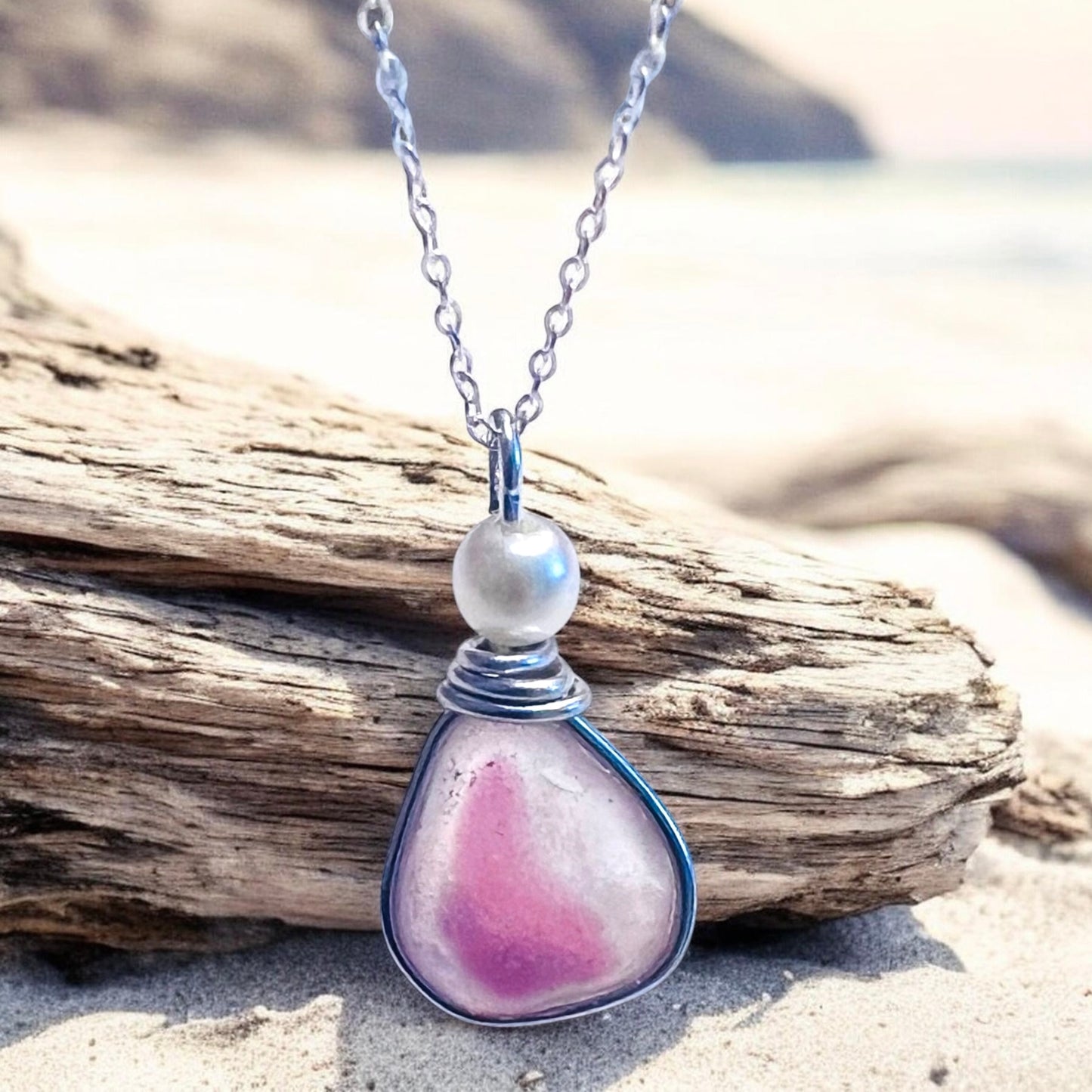 Pink & White Seaham Sea Glass Multi Pendant
