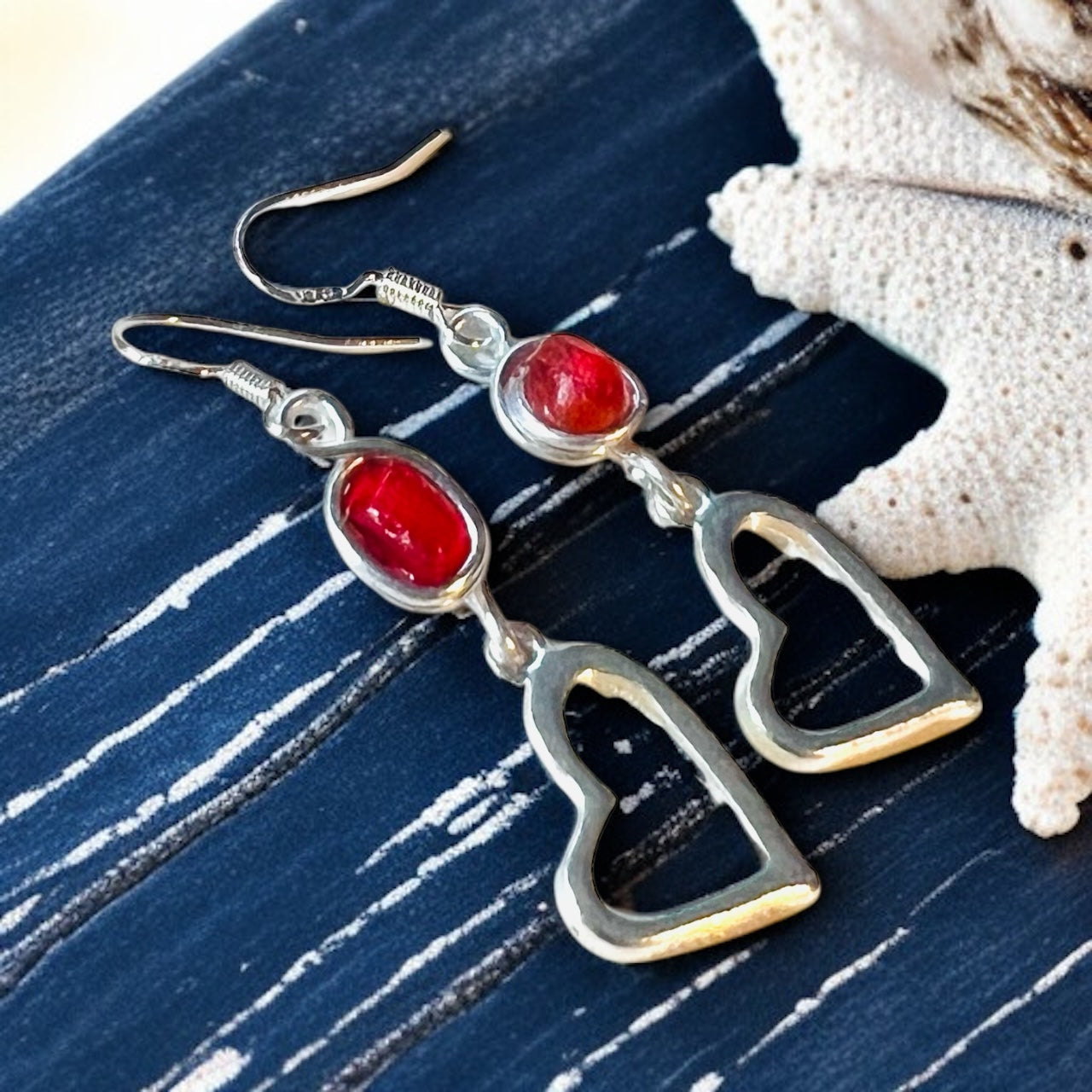 Red Sea Glass and Heart Dangly Earrings