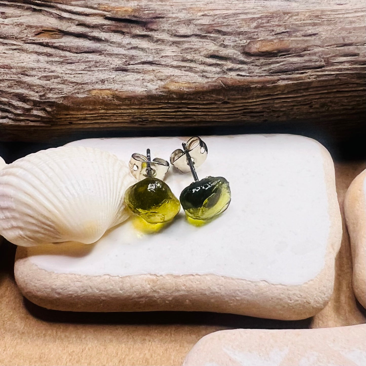 Green Seaham Sea Glass Stud Earrings