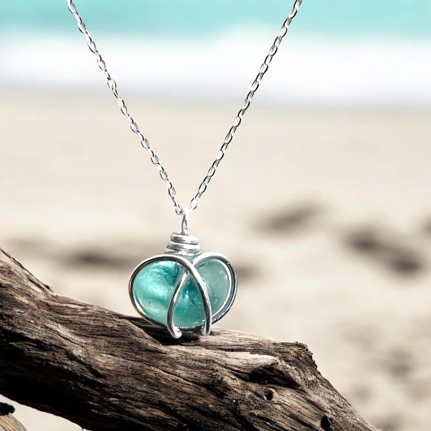 Bright Aqua Blue Heart Sea Glass Pendant