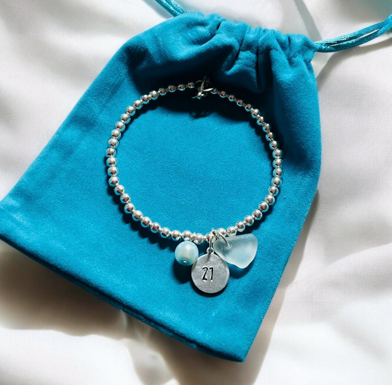 Hand Stamped Age or Date/ Initials Charm and Sea Glass Bracelet
