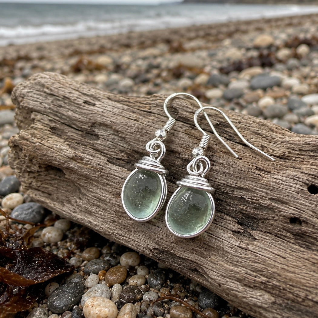 Aqua Sea Foam Seaham Sea Glass Earrings On Sterling Silver Hooks