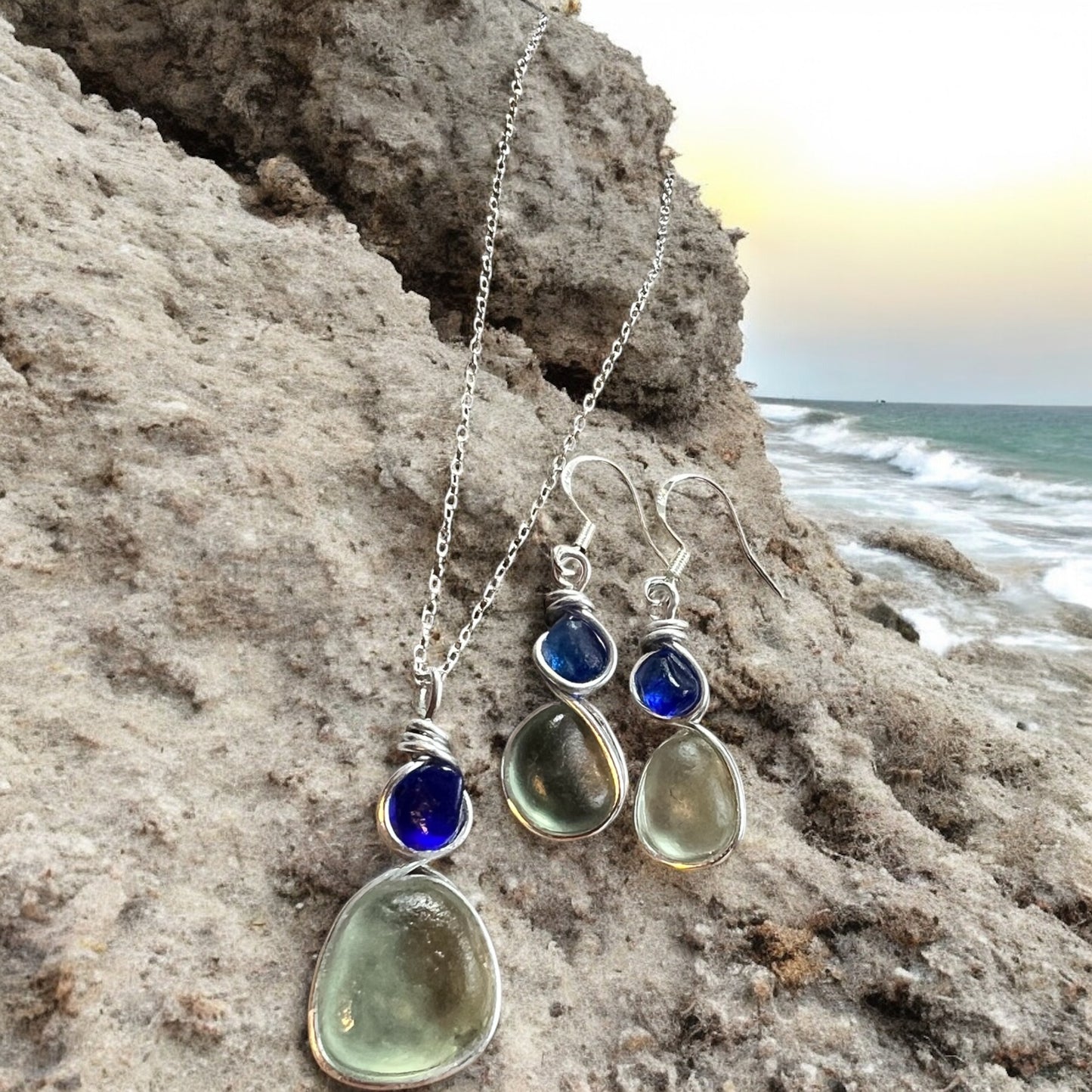 Aqua and Blue Seaham Sea Glass Jewellery Set