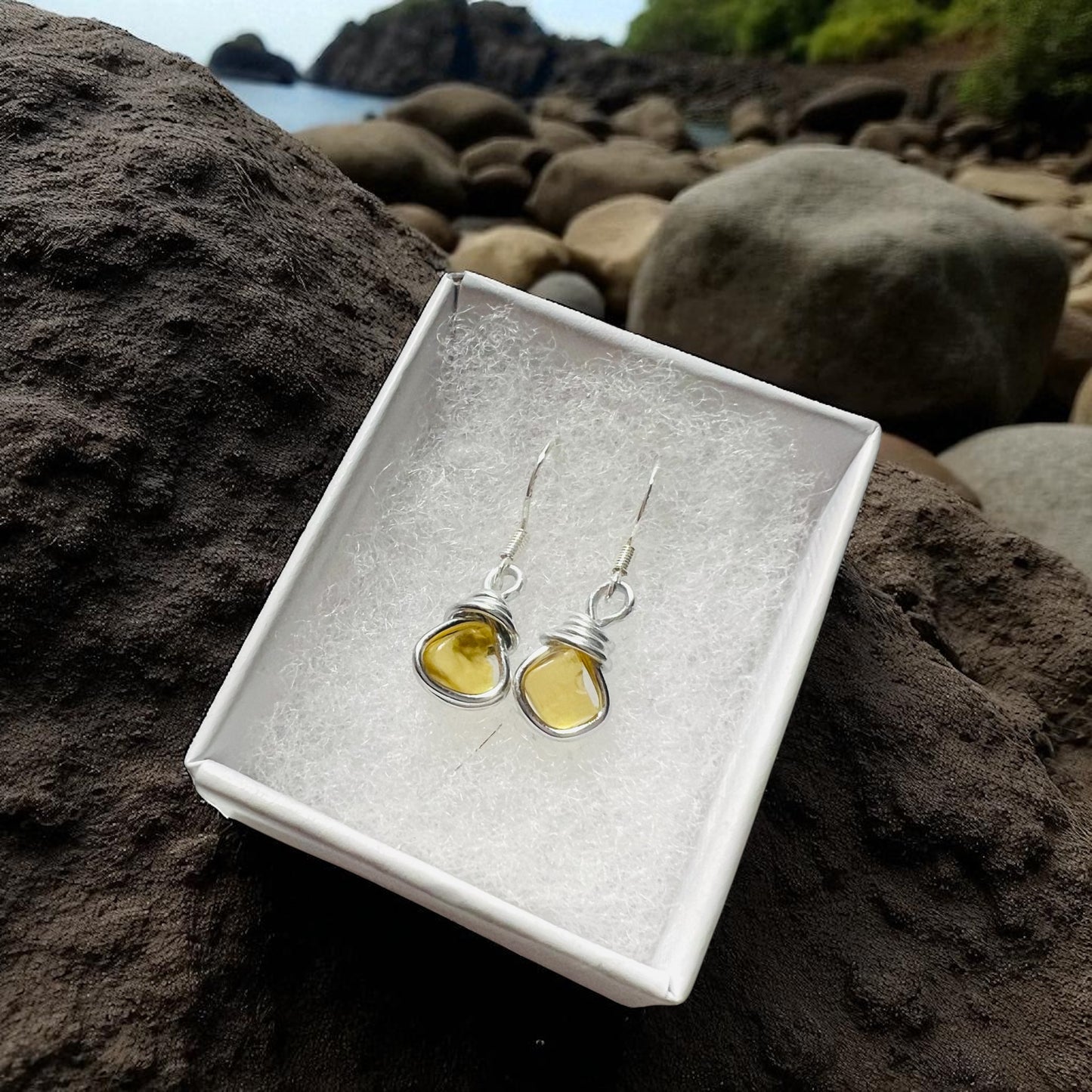 Small Seaham Sea Glass Yellow Earrings