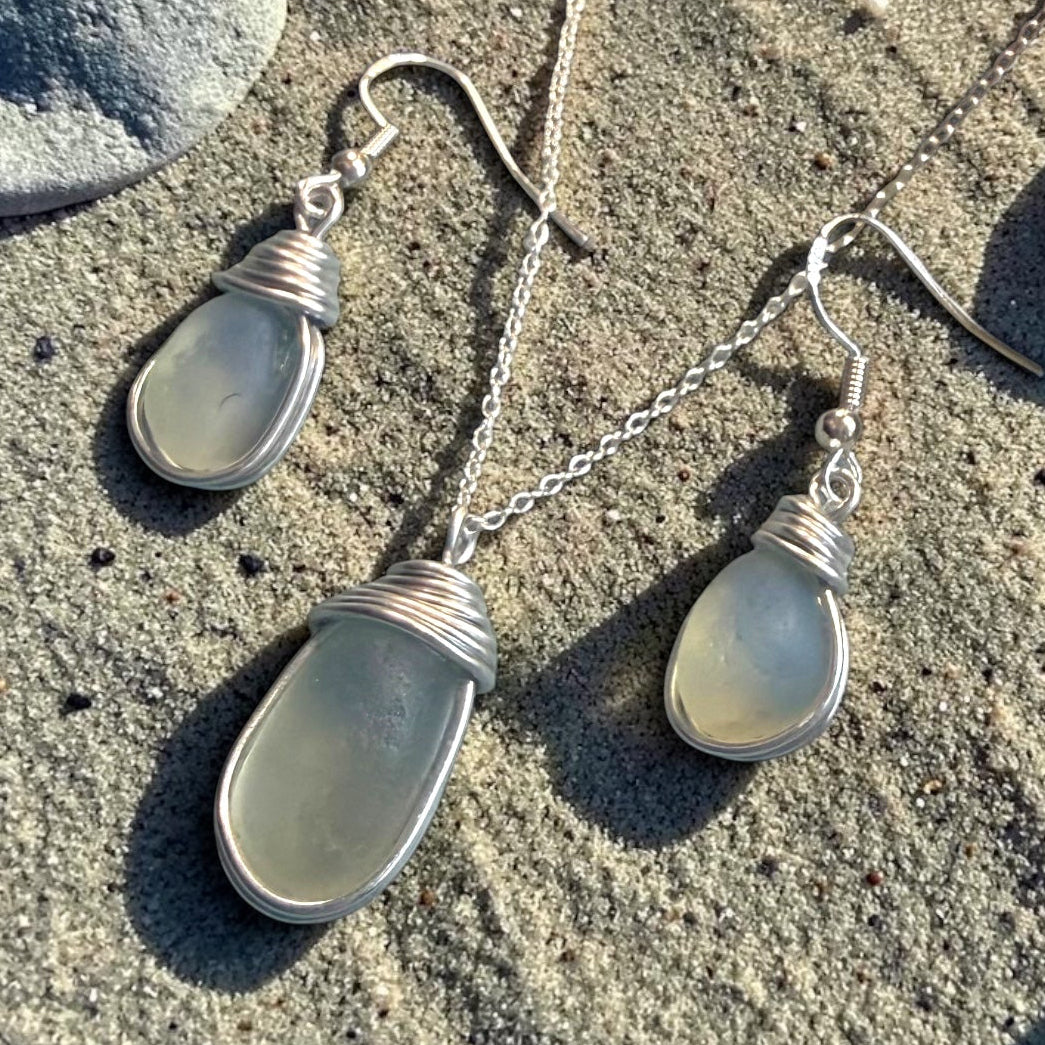 Rare Opalescent Seaham Sea Glass Jewellery Set