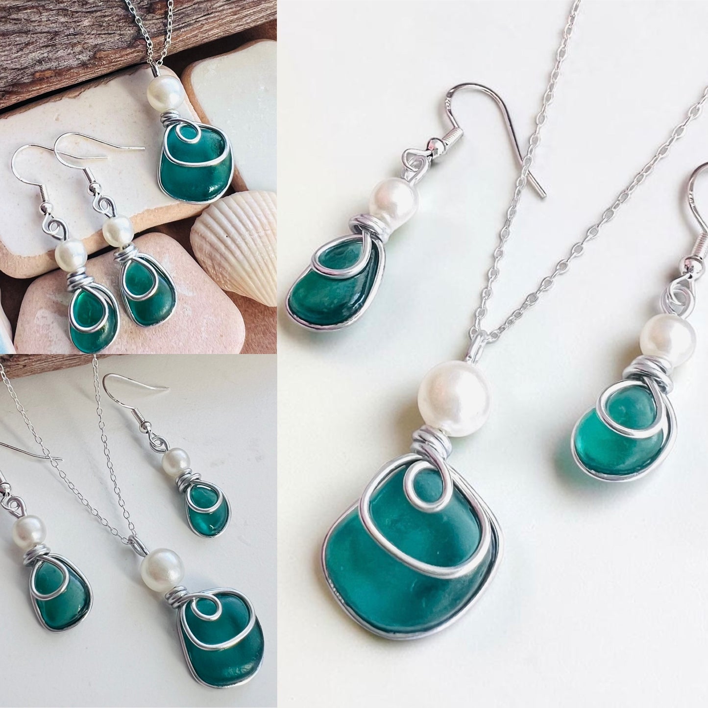 Turquoise Green Seaham Sea Glass Jewellery Set