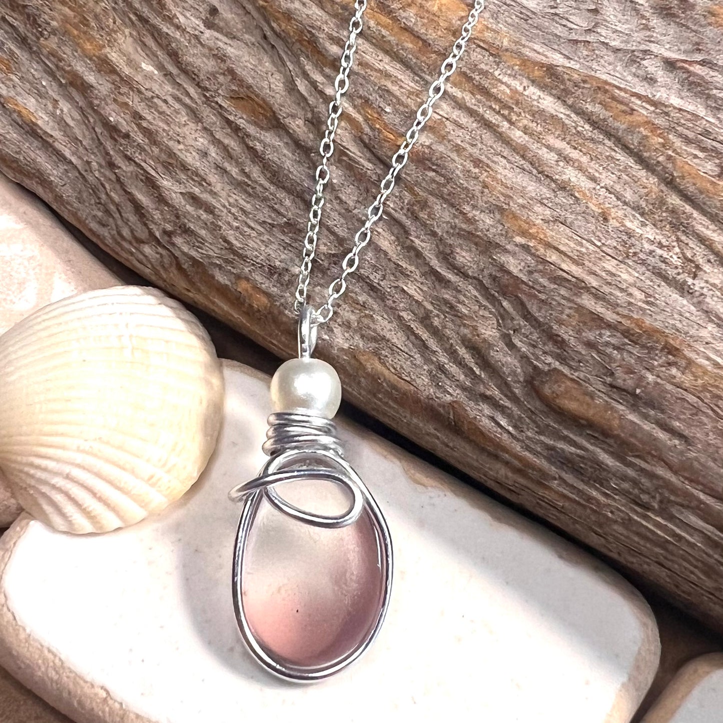 Mauve & White Seaham Sea Glass Multi Pendant