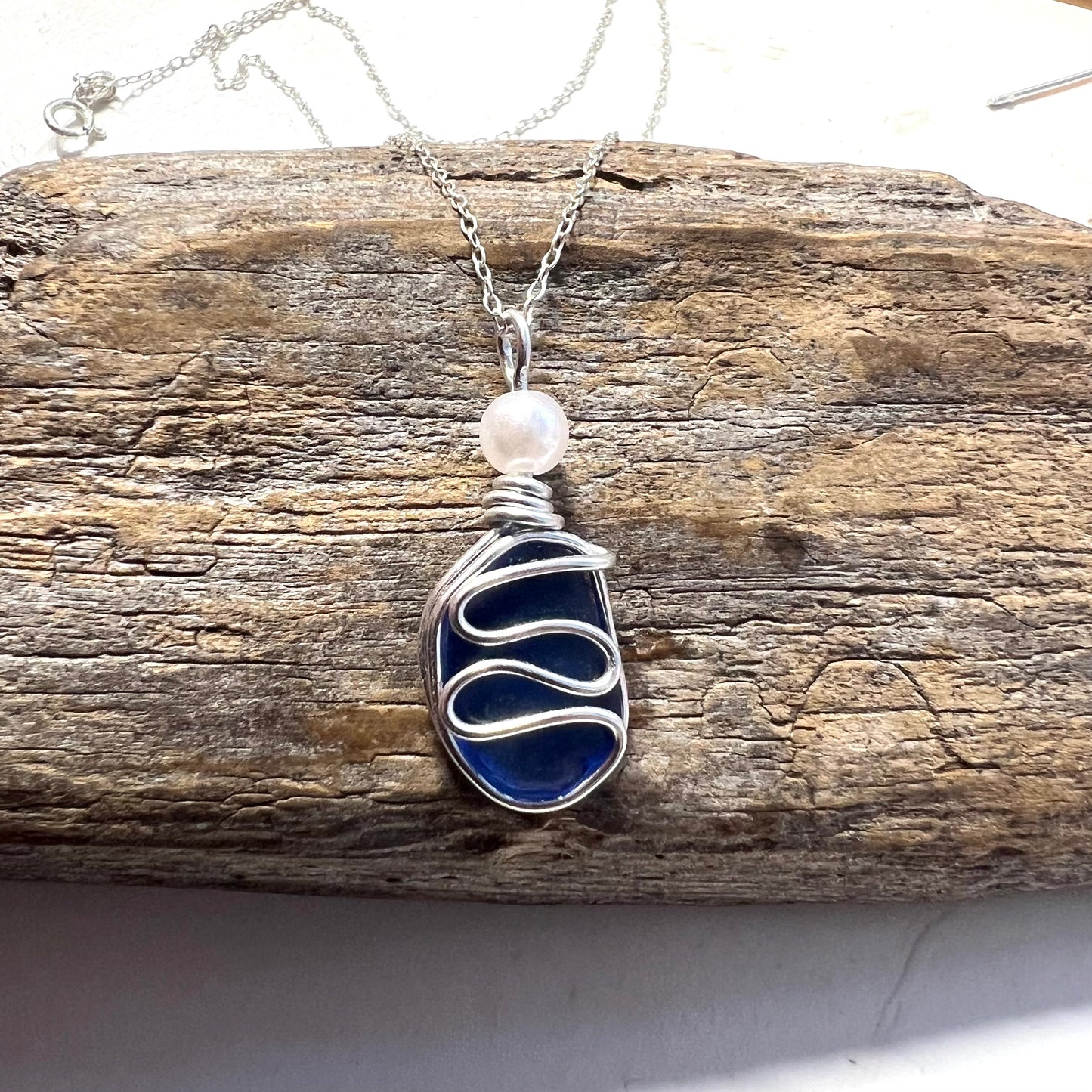 Mid Blue Seaham Sea Glass Waves Pendant
