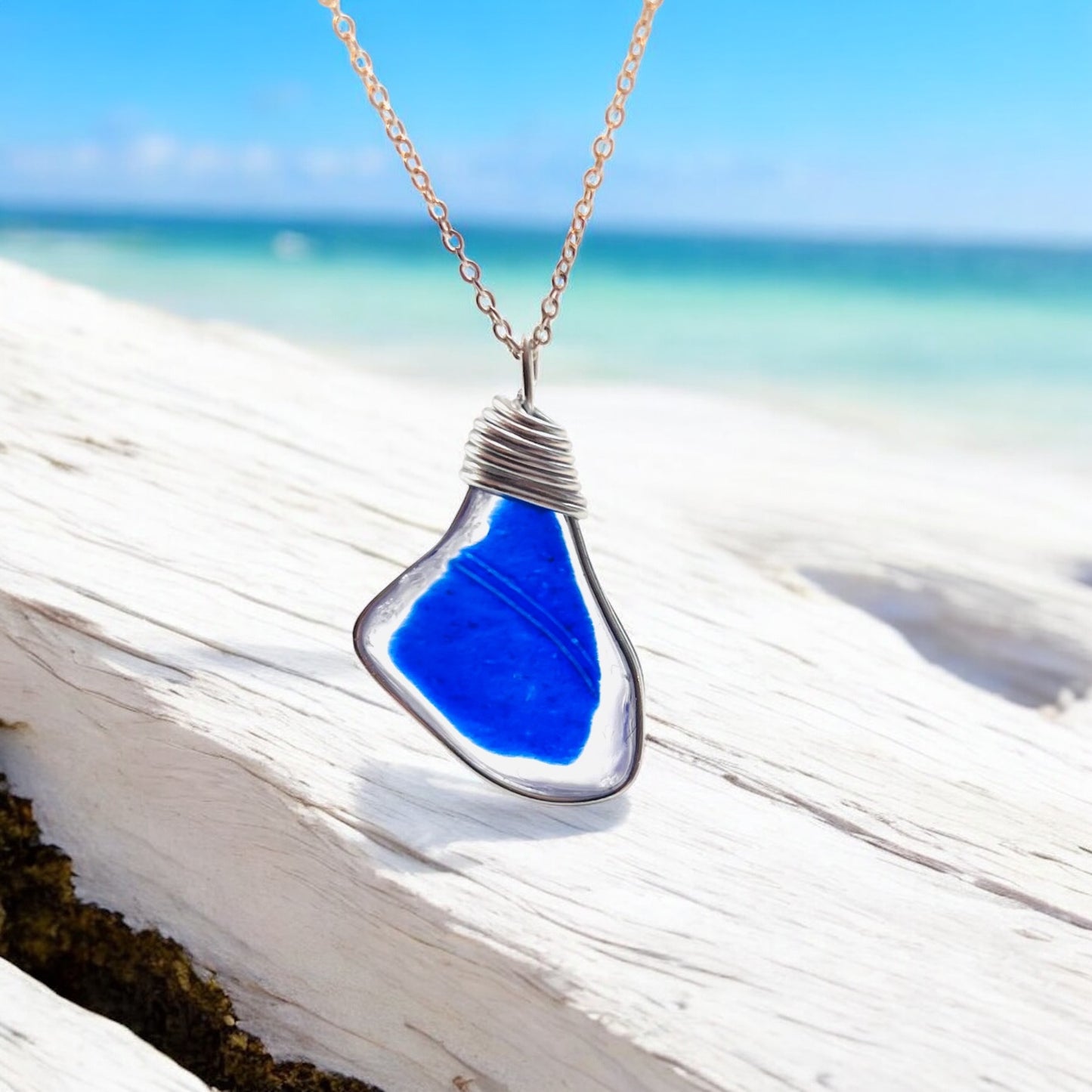 Canary Island Large Blue and White Sea Glass Pendant