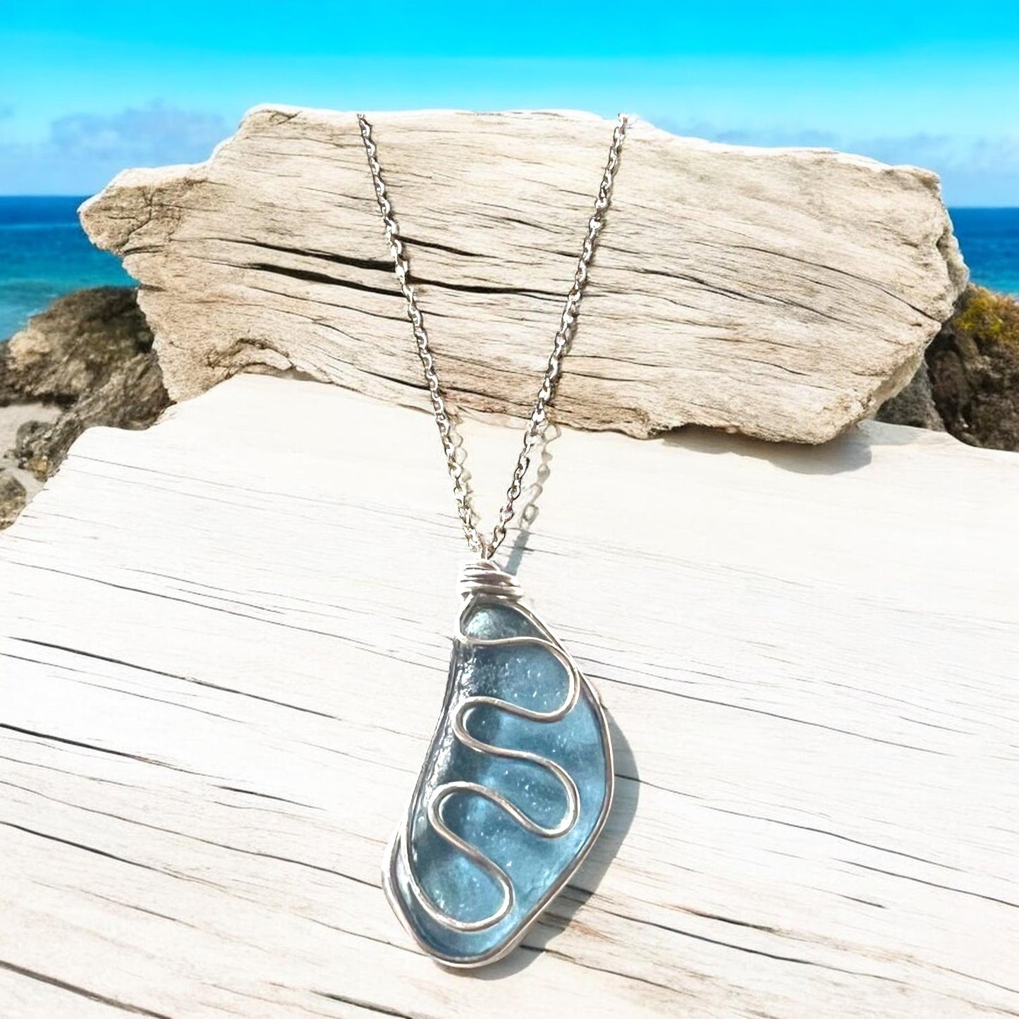 Large Dusky Blue Seaham Sea Glass Waves Glass Pendant