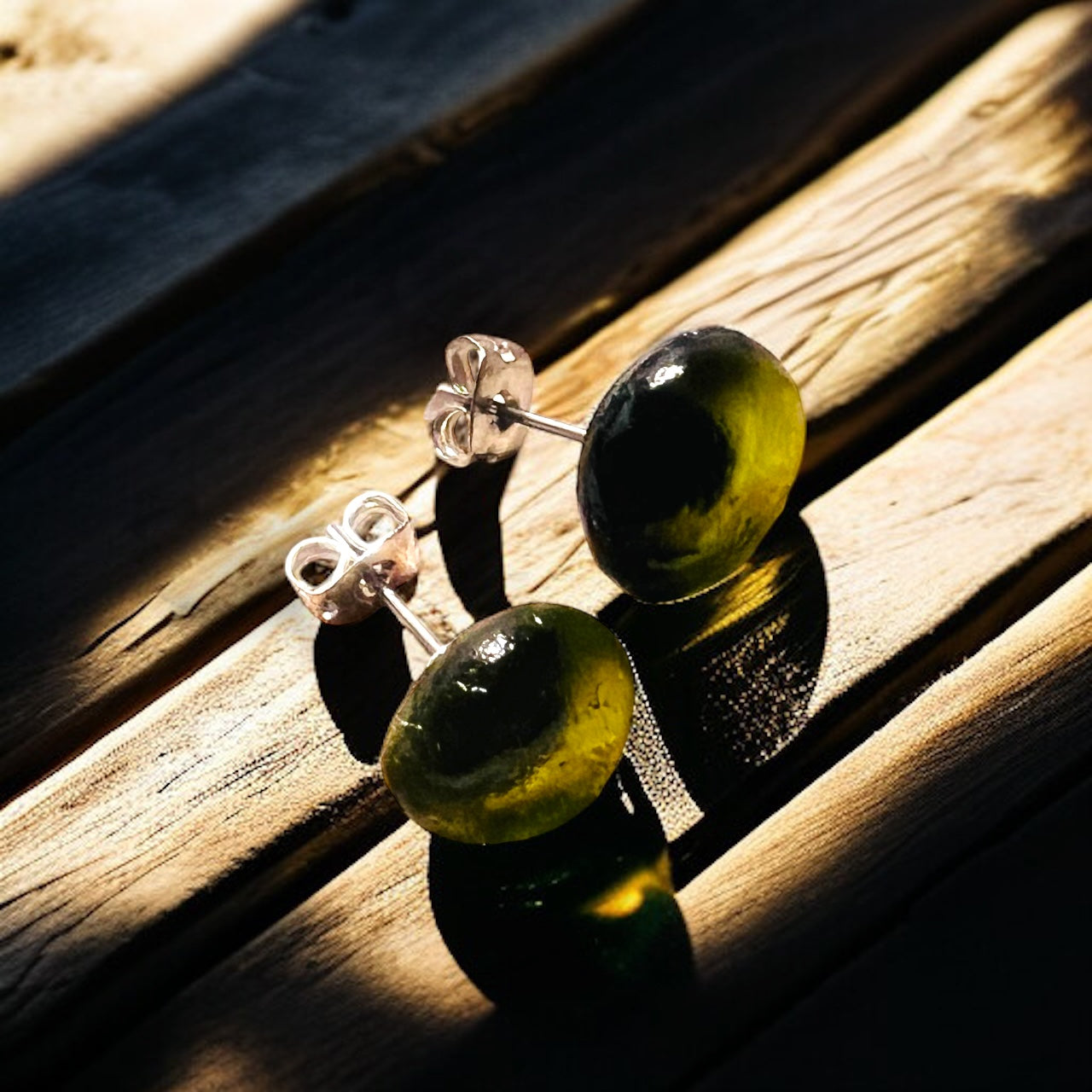 Olive Green Seaham Glass Stud Earrings