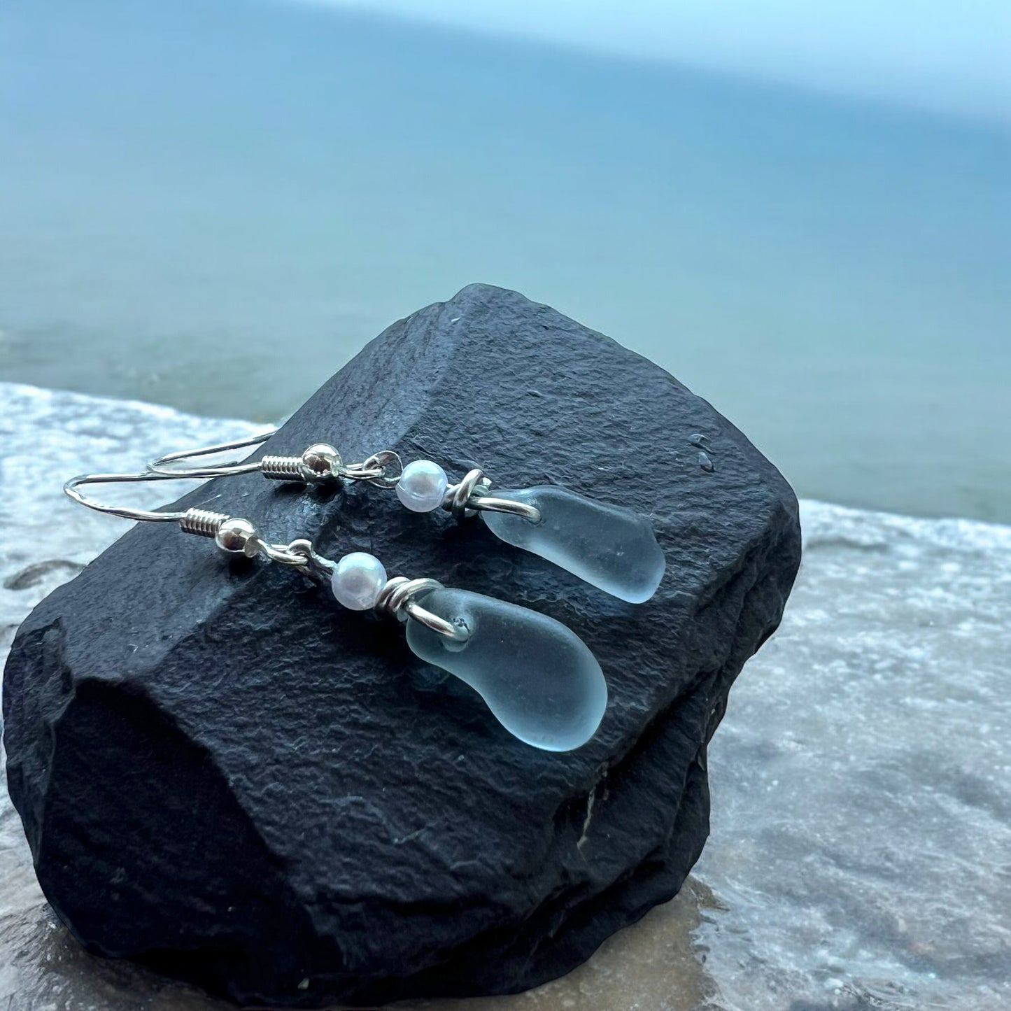 Dangly Dusky Grey Seaham Sea Glass Earrings