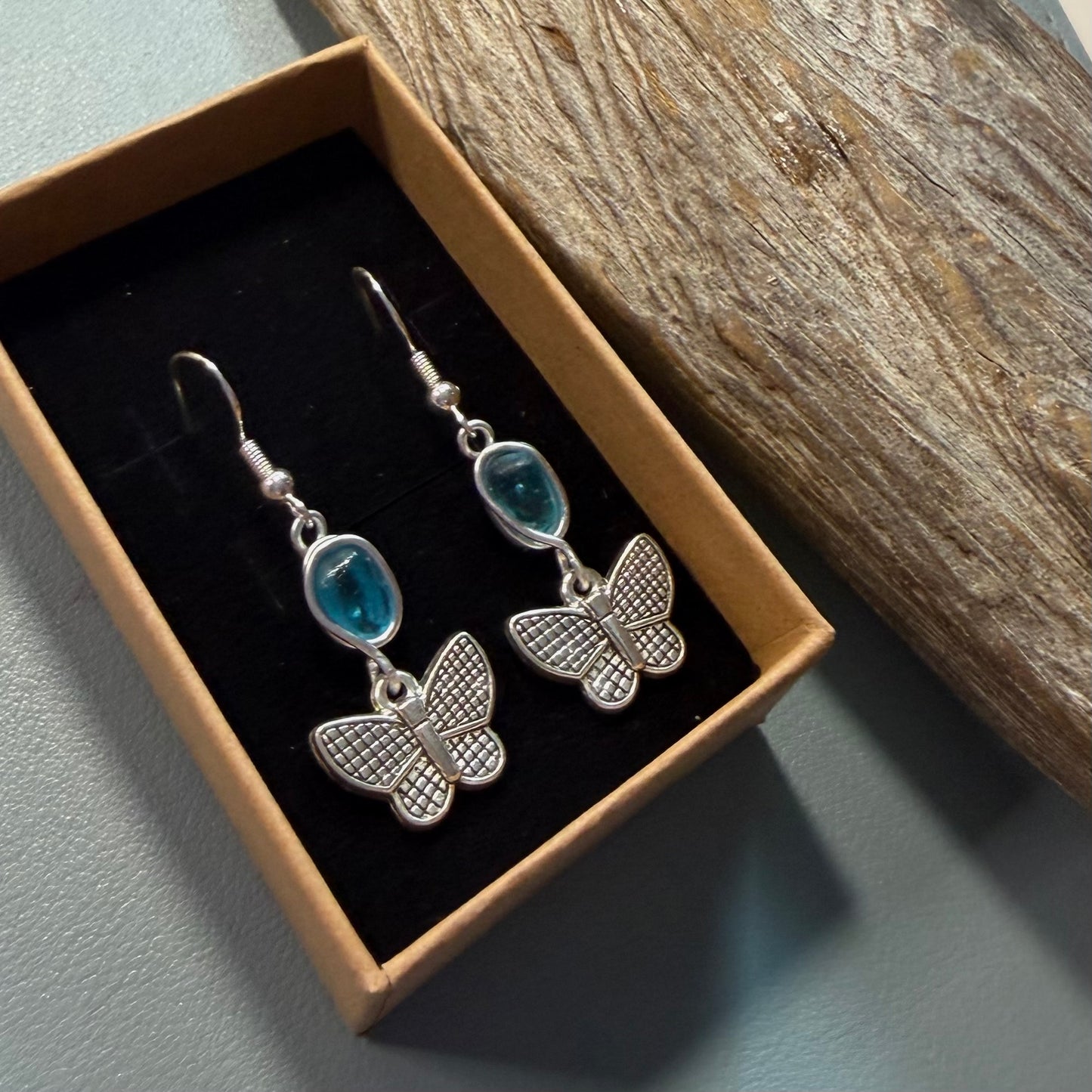Blue Seaham Sea Glass Butterfly Charm Earrings
