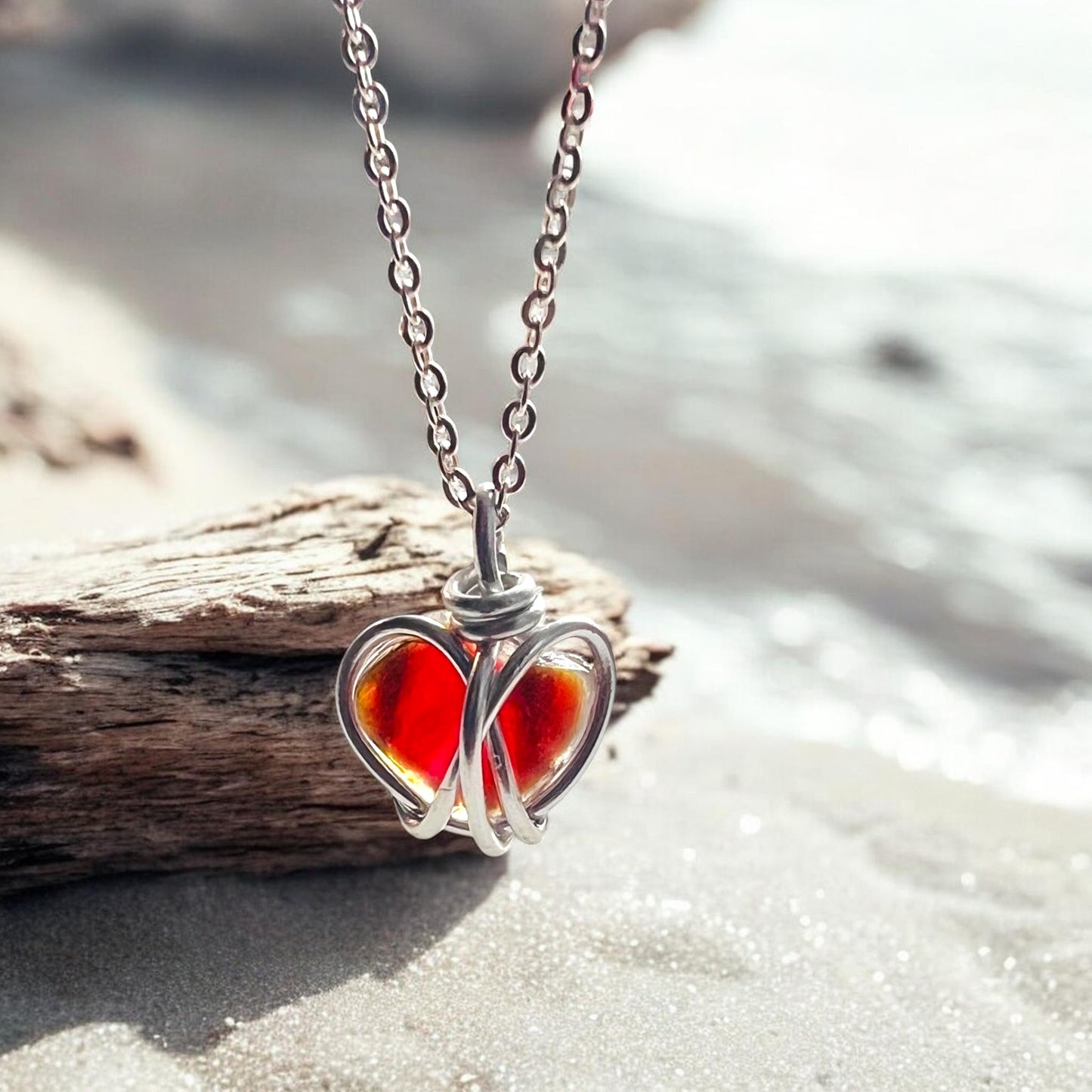 Small Rare Orange Tones Seaham Sea Glass Heart Pendant
