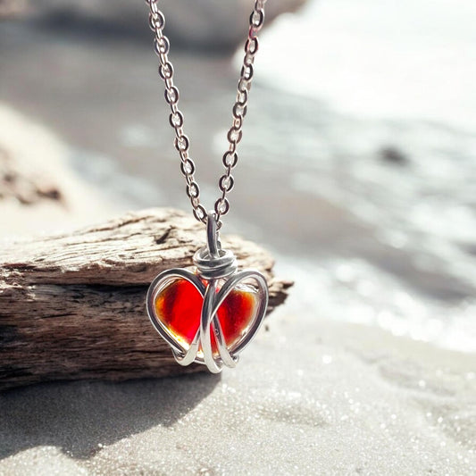 Small Rare Orange Tones Seaham Sea Glass Heart Pendant