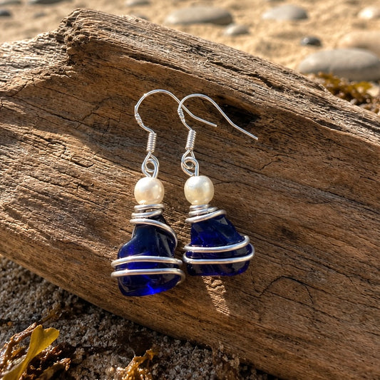 Deep Kent Blue Sea Glass Earrings