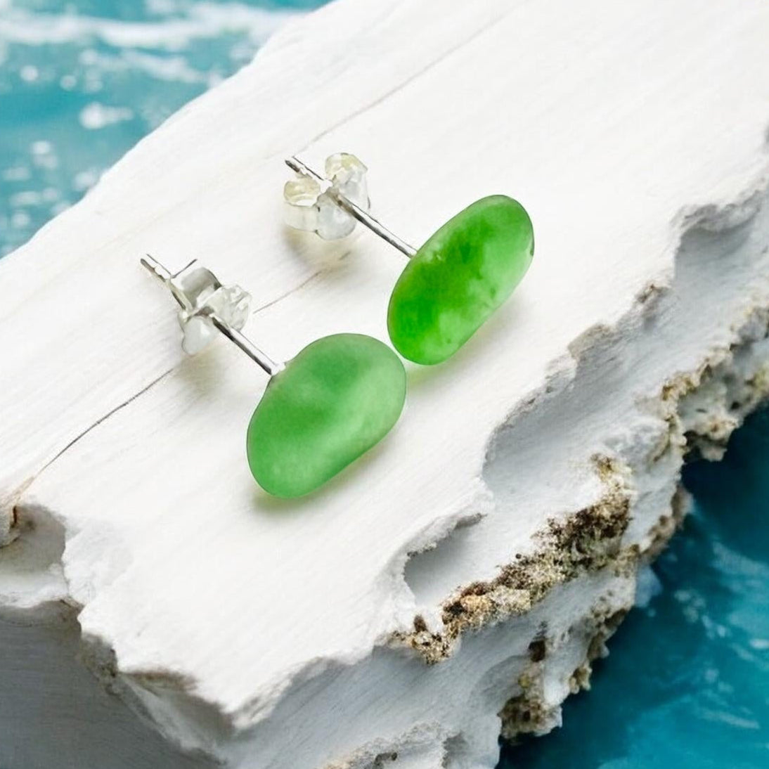 Bright Lime Green Canary Sea Glass Stud Earrings