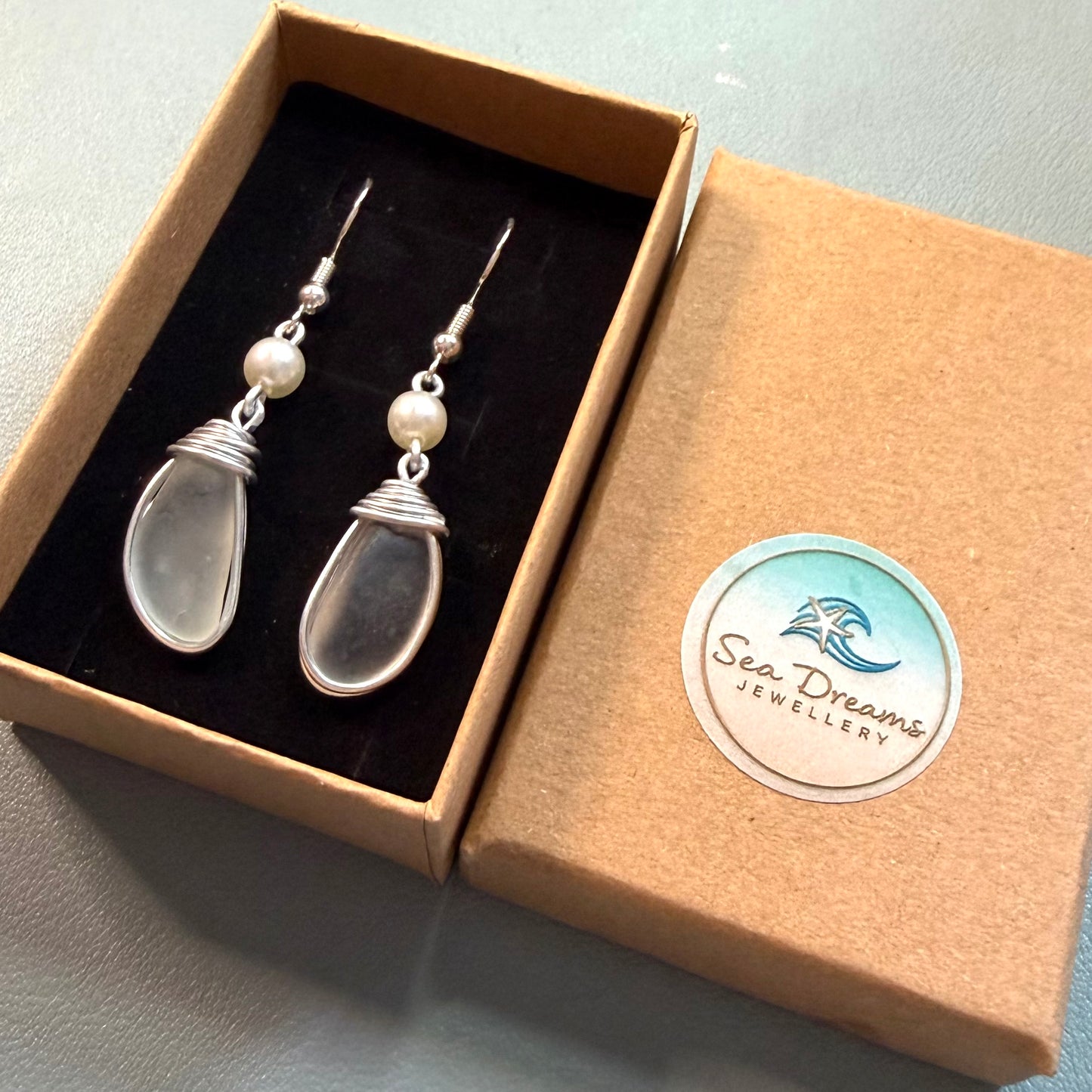 Sea Glass & Pearl Glass Bead Long Drop Earrings