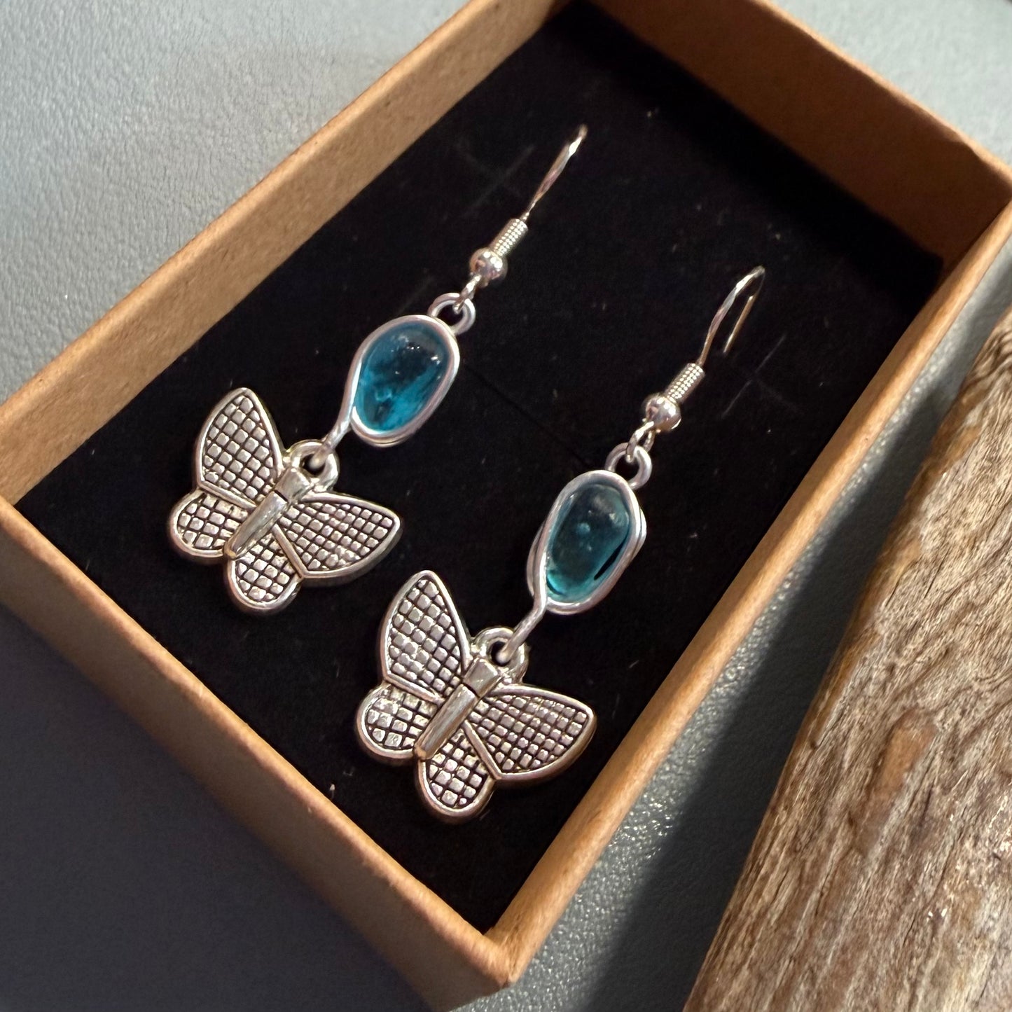 Blue Seaham Sea Glass Butterfly Charm Earrings