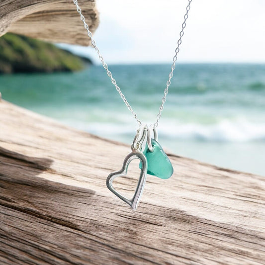 Cornish Sea Glass & Heart Charm Pendant