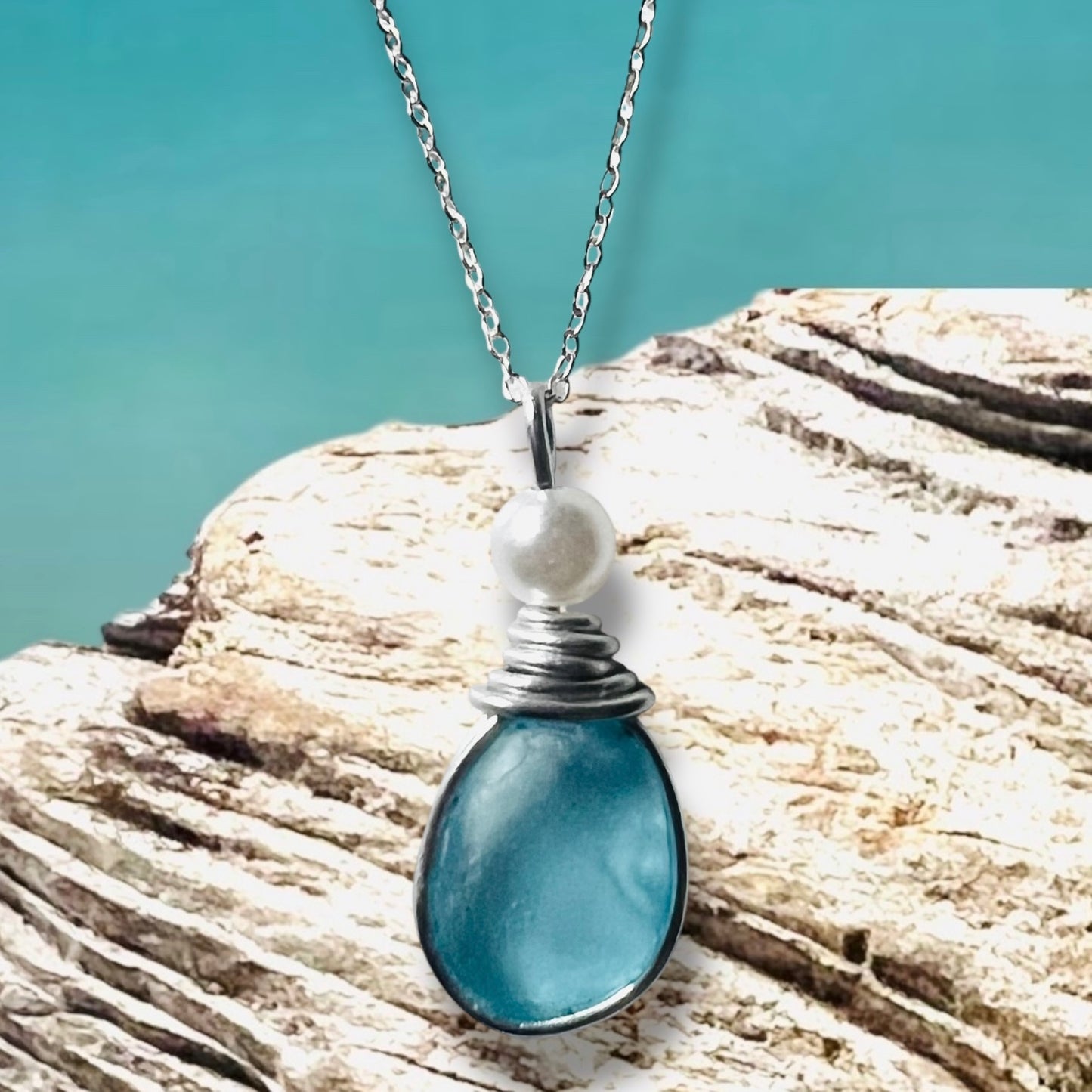Pale Bright Blue Seaham Sea Glass Pendant