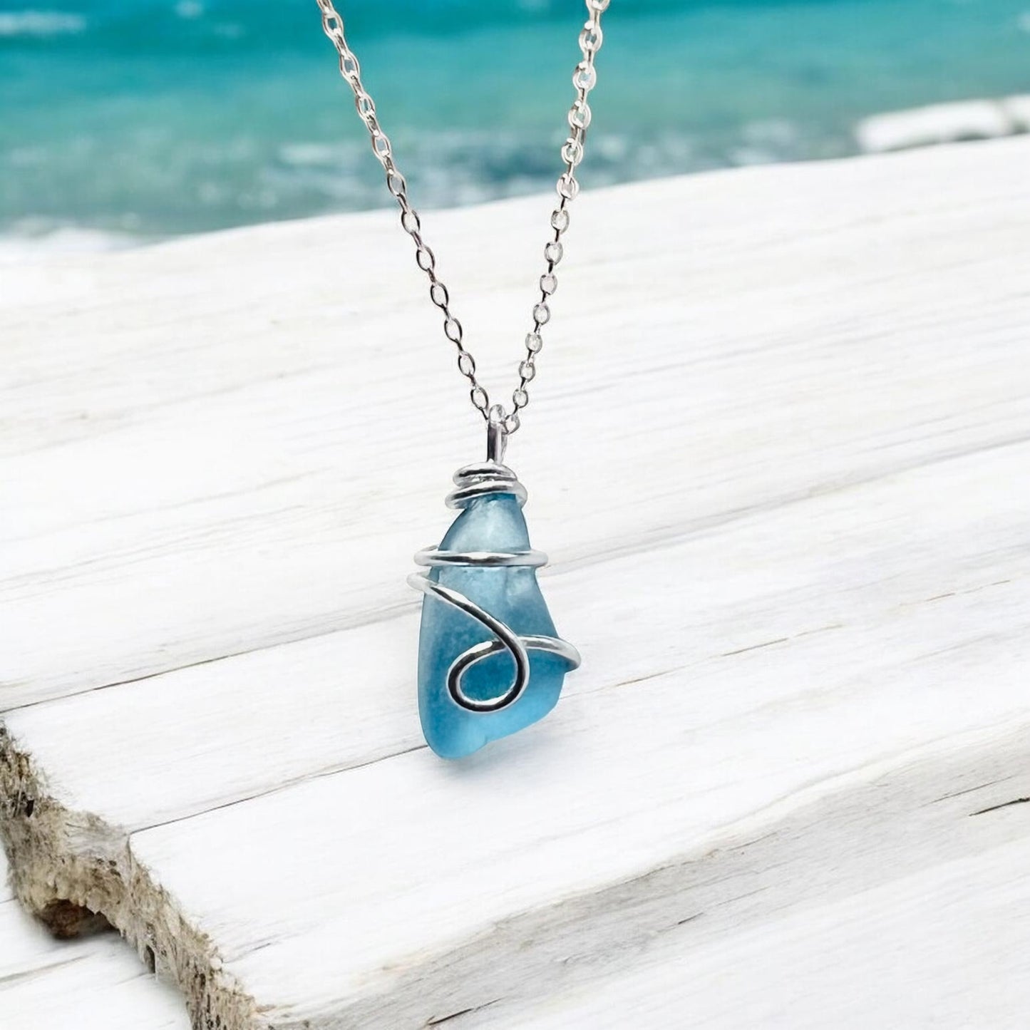 Rare Pale Bright Blue Seaham Sea Glass Pendant