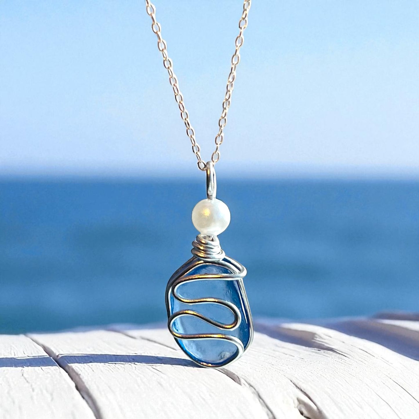Mid Blue Seaham Sea Glass Waves Pendant