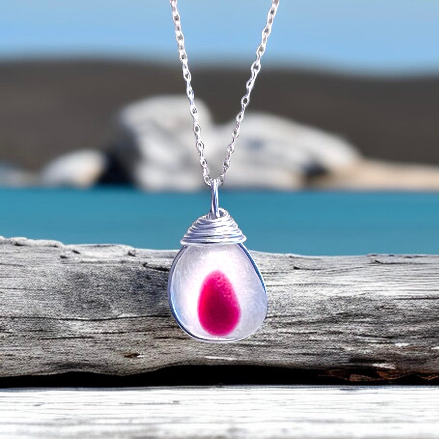 Large Pink & White Seaham Sea Glass Multi Pendant