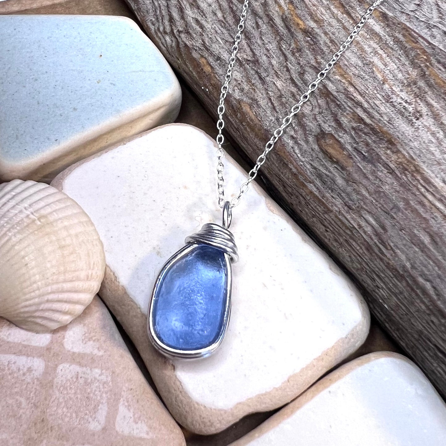 Light Cornflower Blue Seaham Sea Glass Pendant