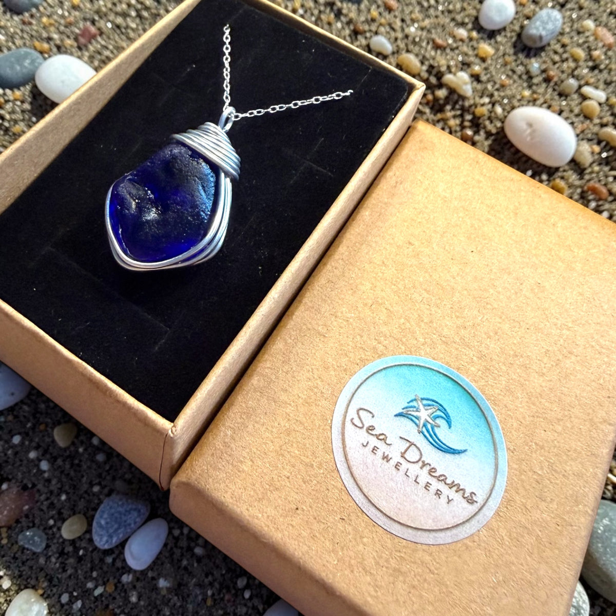 Very Large Deep Blue Nugget of Seaham Sea Glass Pendant