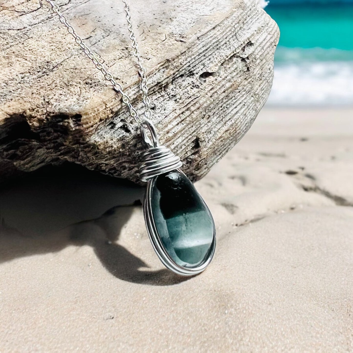 Rare Large Grey and Black Multi Tone Seaham Sea Glass Pendant