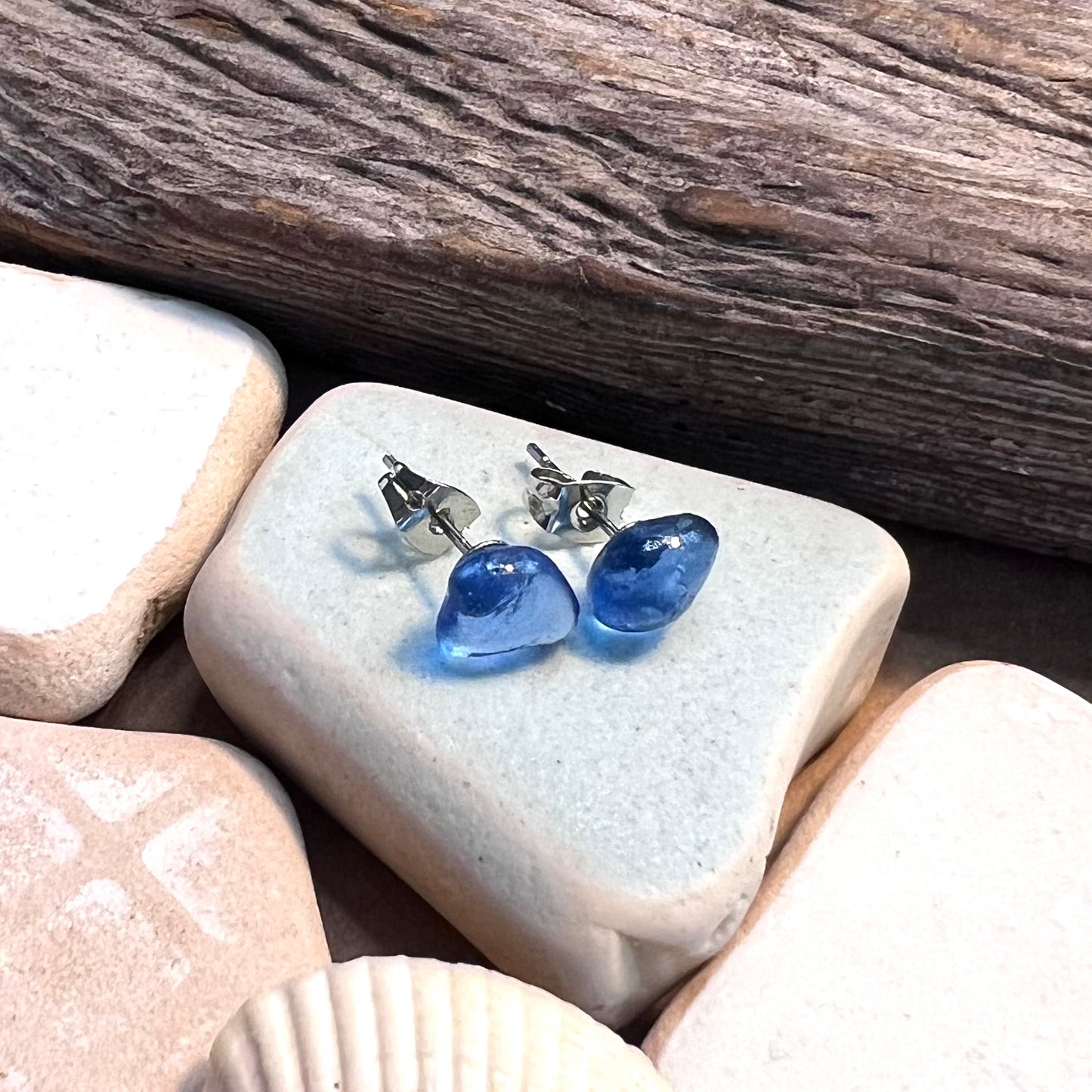 Blue Sea Glass Stud Earrings