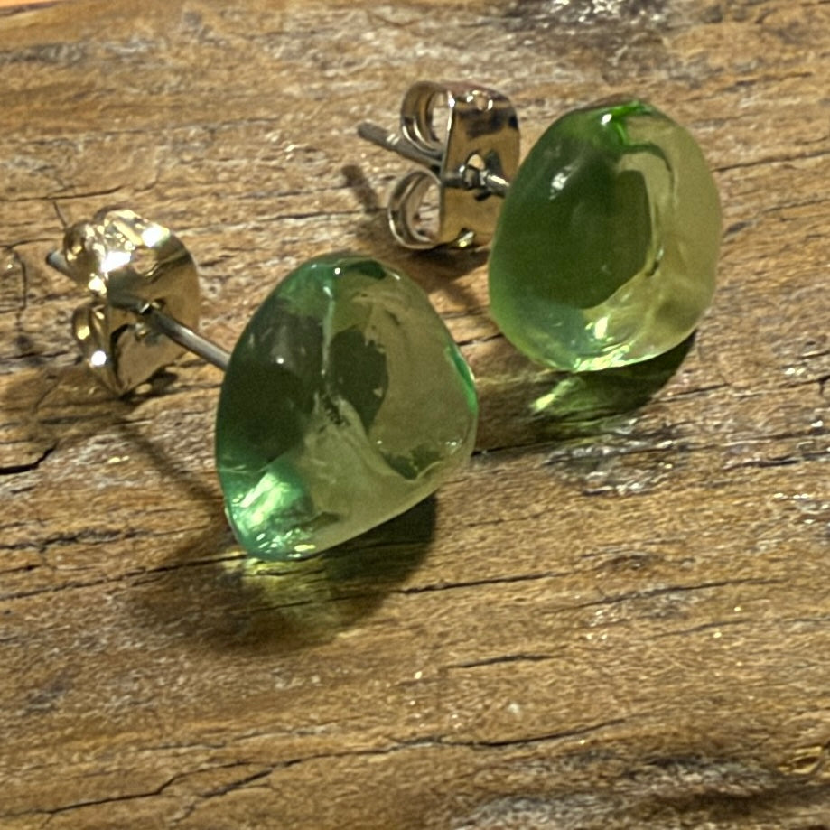 Rare Lime Green Spanish Sea Glass Stud Earrings