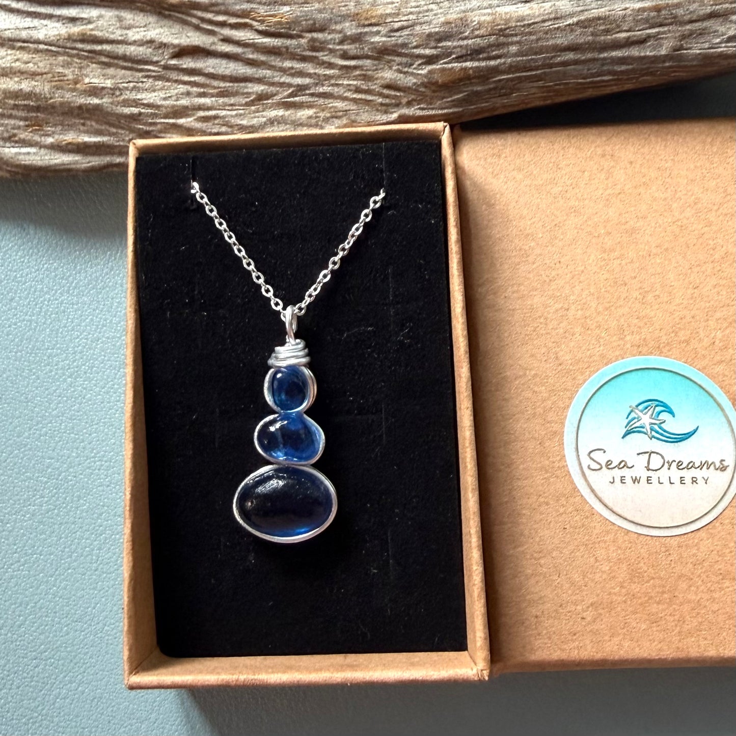 Blue Three Piece Seaham Sea Glass Pendant