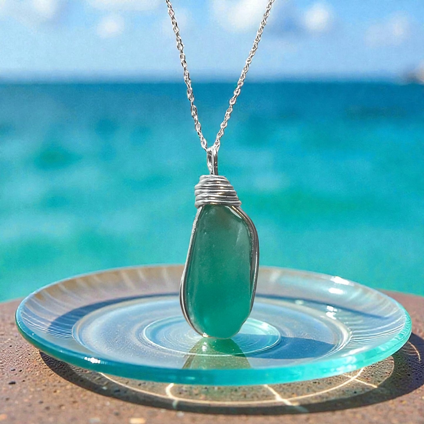 Large Bright Aqua Kent Sea Glass Pendant
