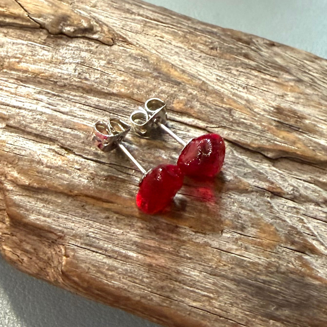 Rare Red Seaham Sea Glass Stud Earrings