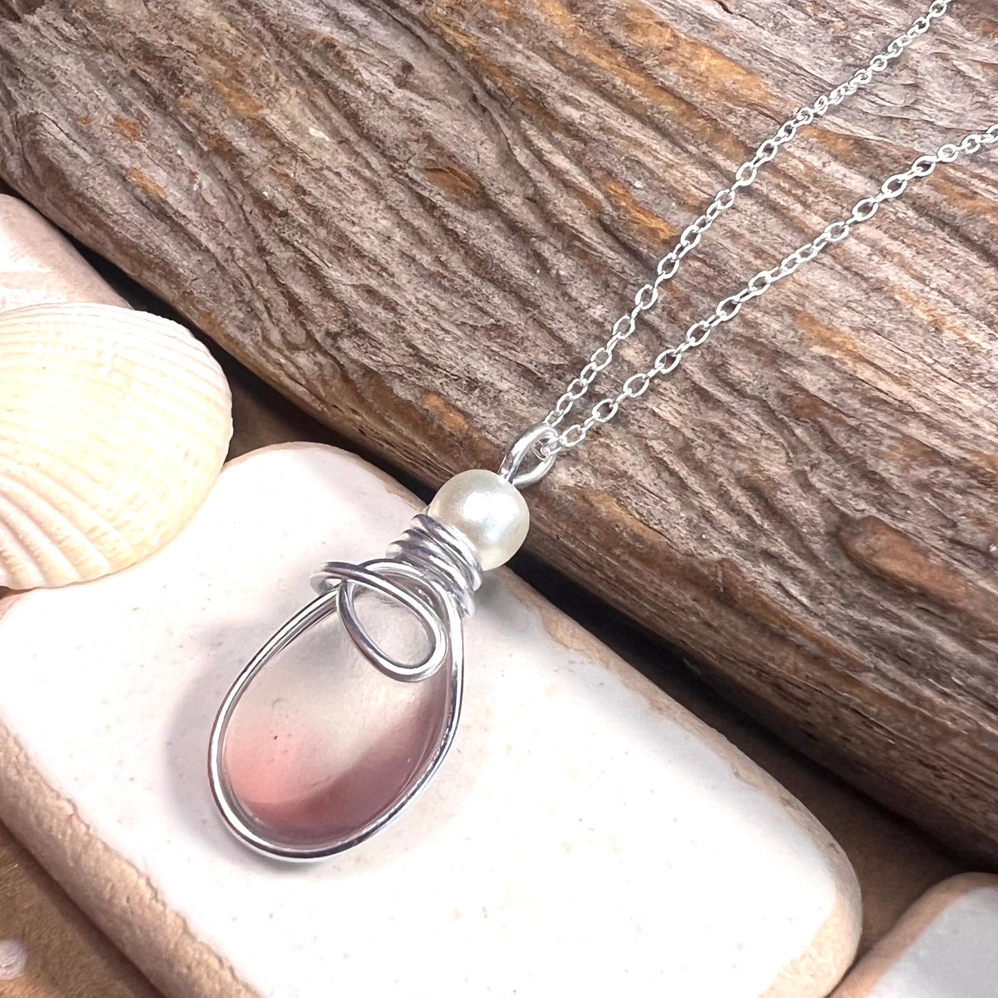 Mauve & White Seaham Sea Glass Multi Pendant