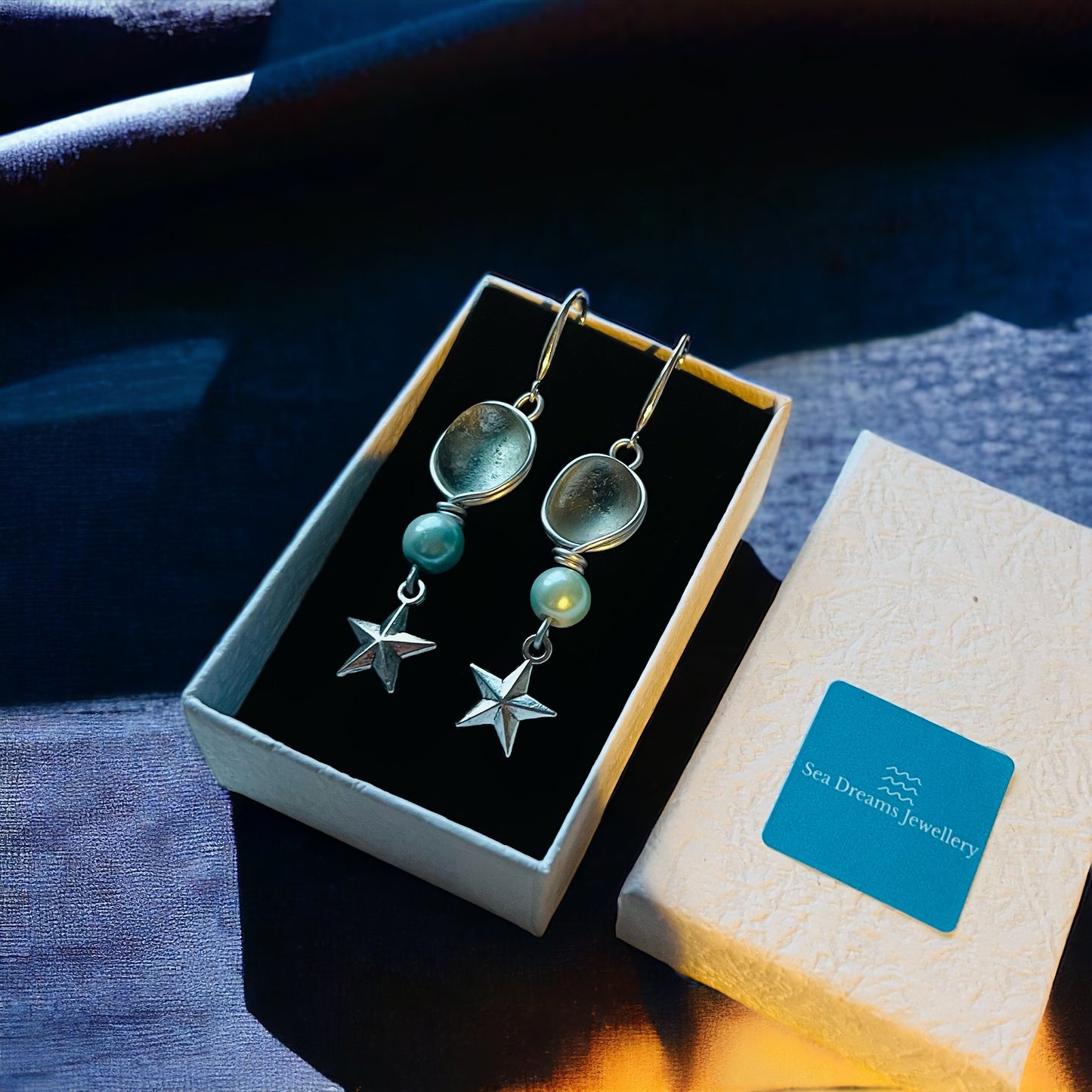 Sea Glass & Star Long Drop Earrings