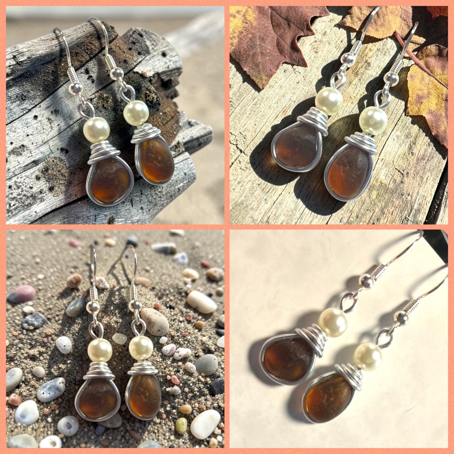Amber Seaham Sea Glass and Glass Pearl Dangly Earrings