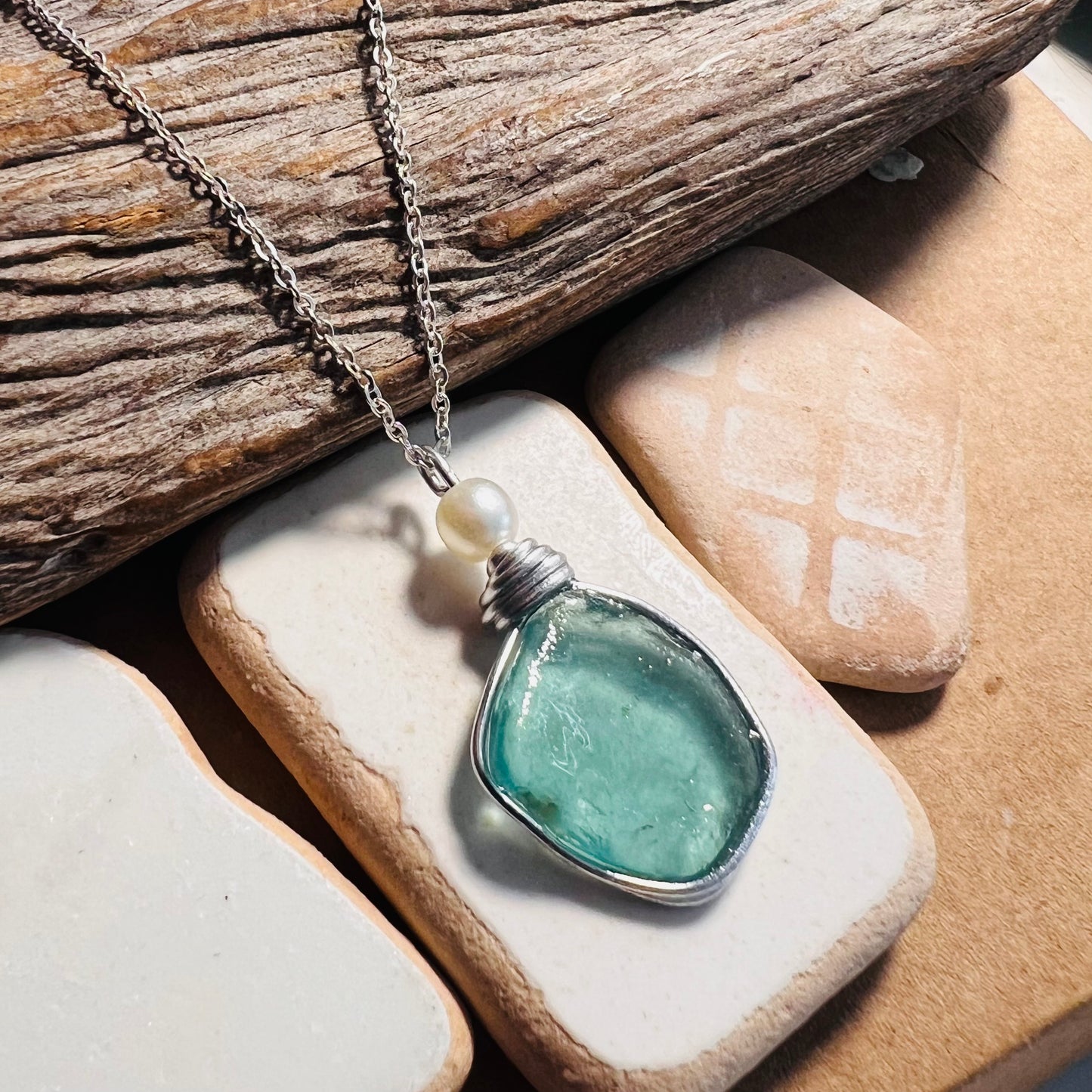 Large Turquoise Seaham Sea Glass Pendant