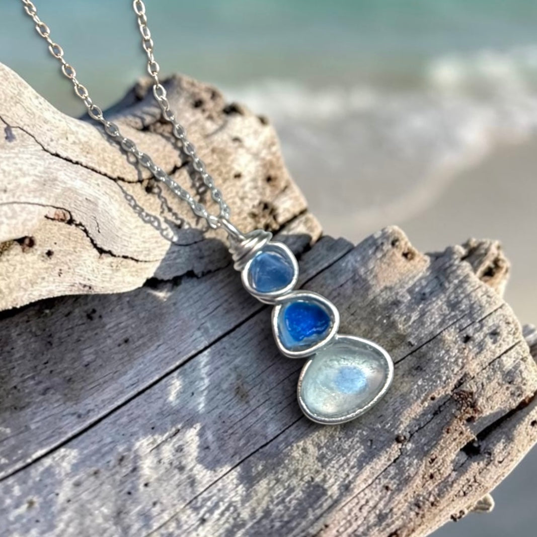 Blue Three Piece Seaham Sea Glass Pendant
