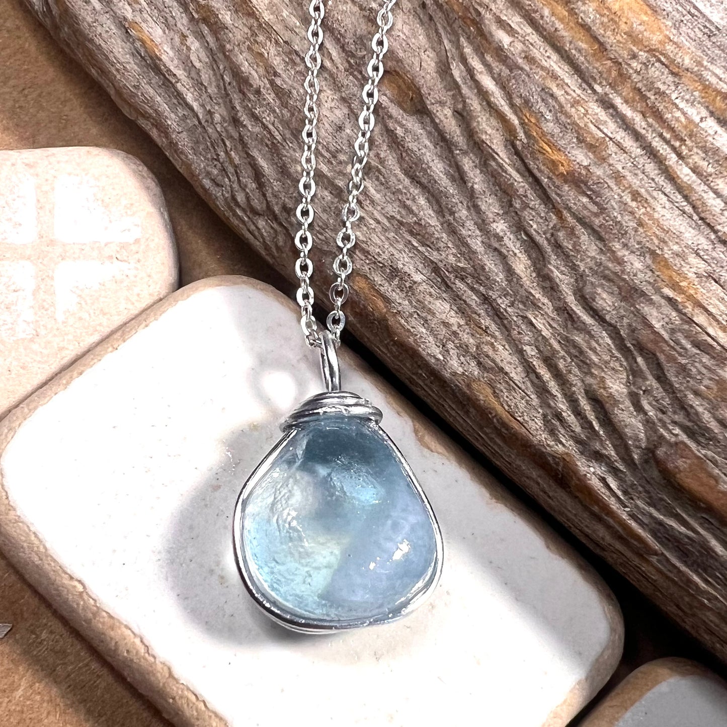 Chunky Pale Blue Seaham Sea Glass Pendant