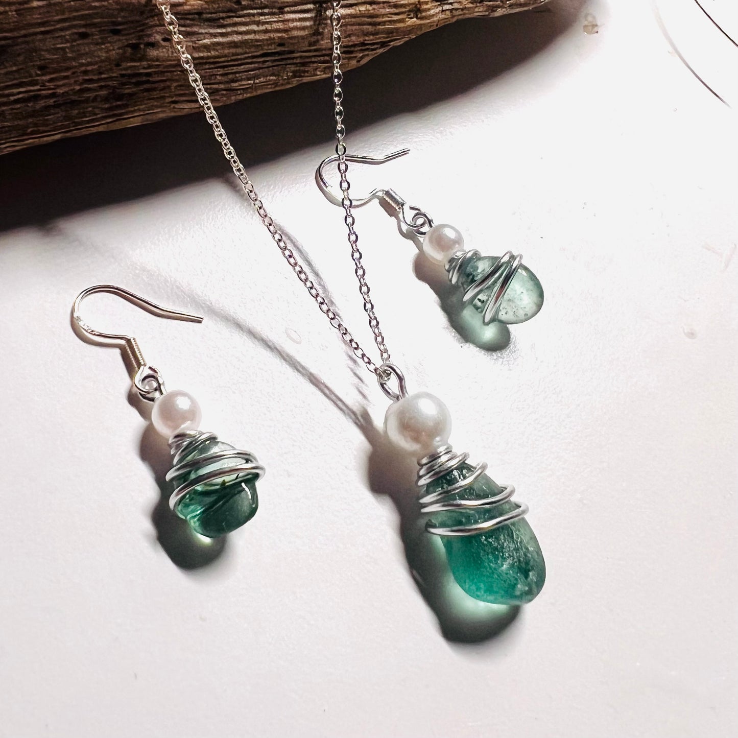 Turquoise Green Seaham Sea Glass Jewellery Set