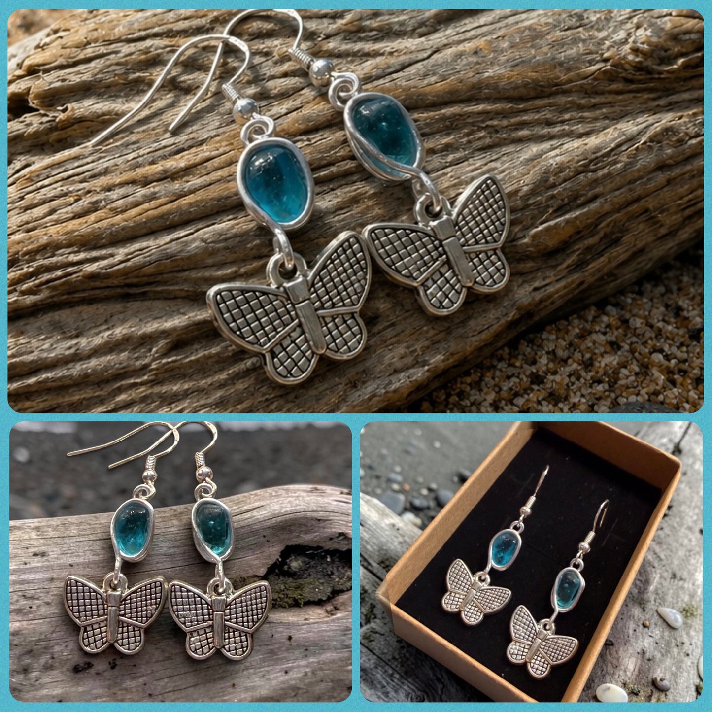 Blue Seaham Sea Glass Butterfly Charm Earrings