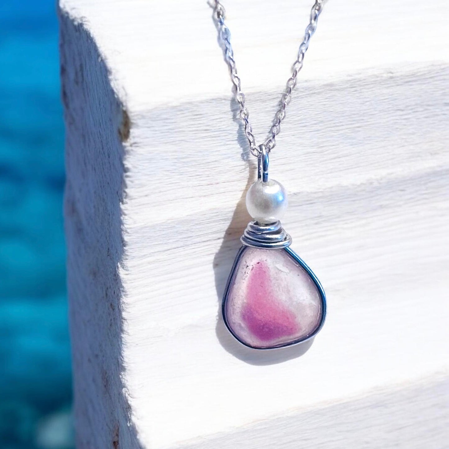 Pink & White Seaham Sea Glass Multi Pendant