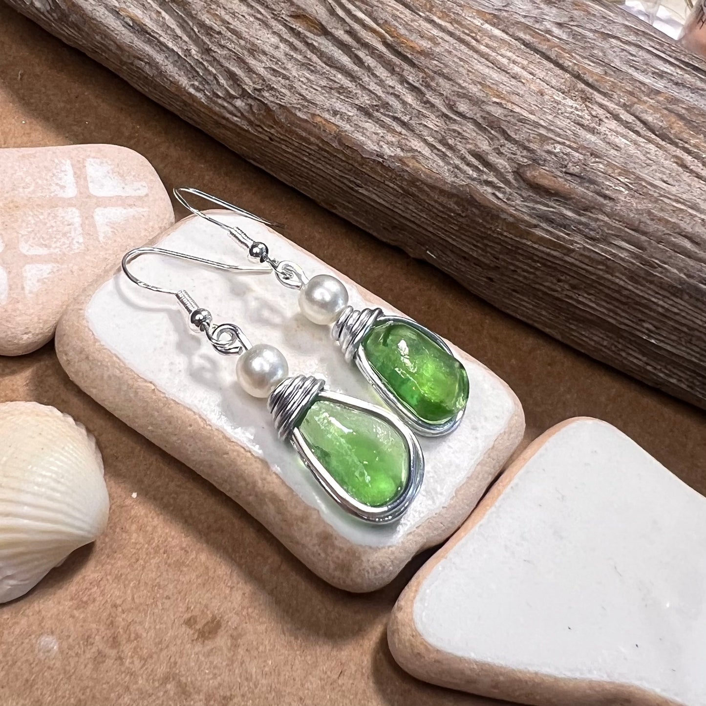 Bright Green Seaham Sea Glass Earrings