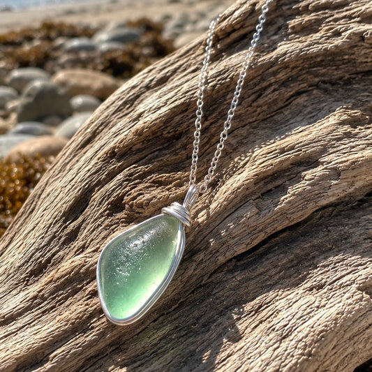 Pale Aqua Green Seaham Sea Glass Pendant
